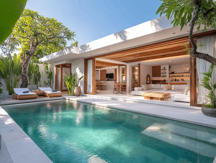 Professional interior photography Bali 2026 – bright villa living room, high-speed Wi-Fi amenities, and tropical pool view