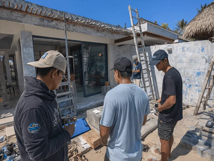 Pre-season villa inspection Bali – clearing roof gutters, checking drainage channels, and scheduling professional waterproofing services
