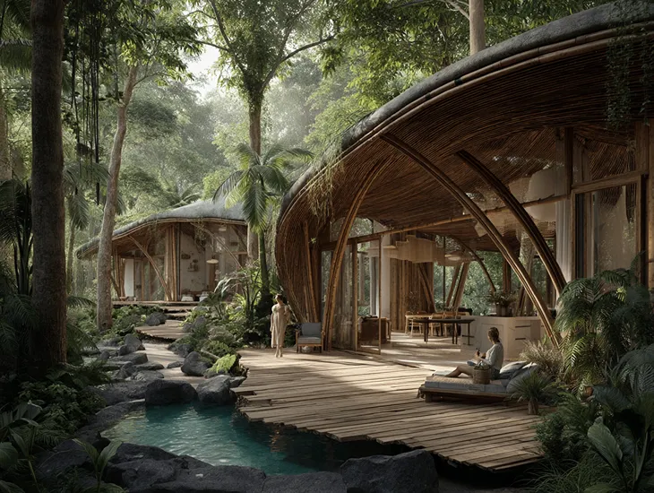 Biophilic villa design features Bali – passive cooling strategies, cross-ventilation layouts, and local ironwood materials