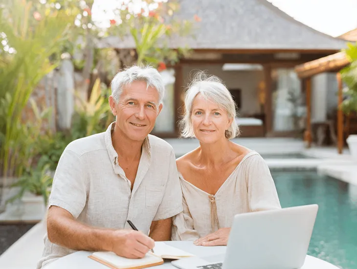 retirement real estate investment in Bali 2026 – elderly couple enjoying tropical garden, accessible villa design, and retirement visa KITAS process