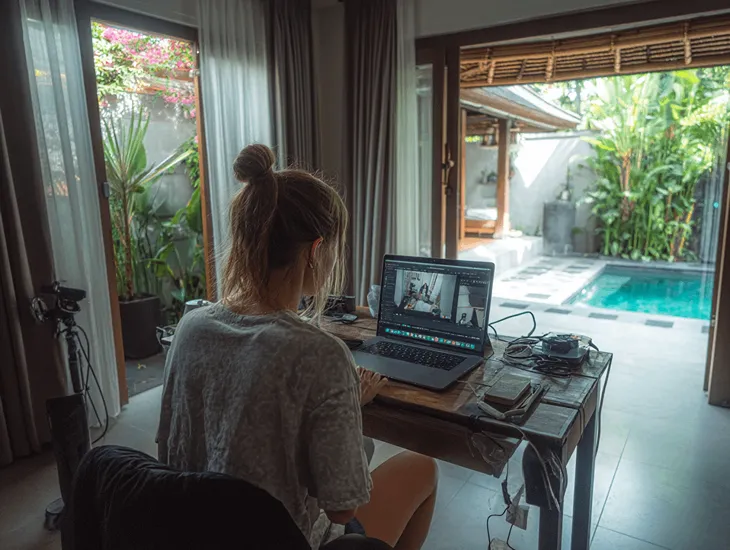 Digital nomad workspace setup Bali 2026 – ergonomic chair, dual monitor desk, and quiet villa environment in Pererenan
