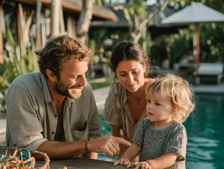 Luxury villa family amenities 2026 – high chair, baby cot, pool toys, and tropical garden setting in Seminyak