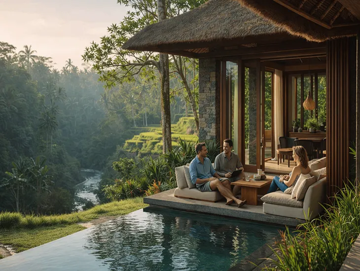 Modern Ubud villa interior design – enclosed living room with AC and glass walls facing tropical garden