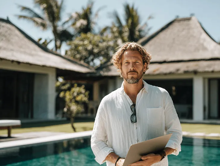 Foreign investor Hugo discussing land zoning maps with a property consultant in a Pererenan rice field setting