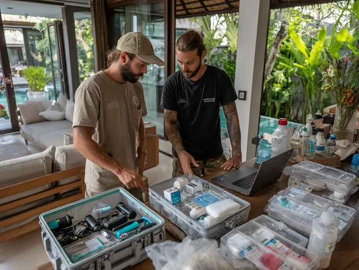 Disaster supply kit checklist for Villa in Bali – emergency flashlights, first aid box, power banks, and evacuation maps for guests