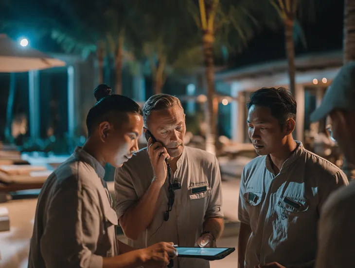 Bali villa emergency SOP training 2026 showing staff calling ambulance, using GPS coordinates, and following response protocols