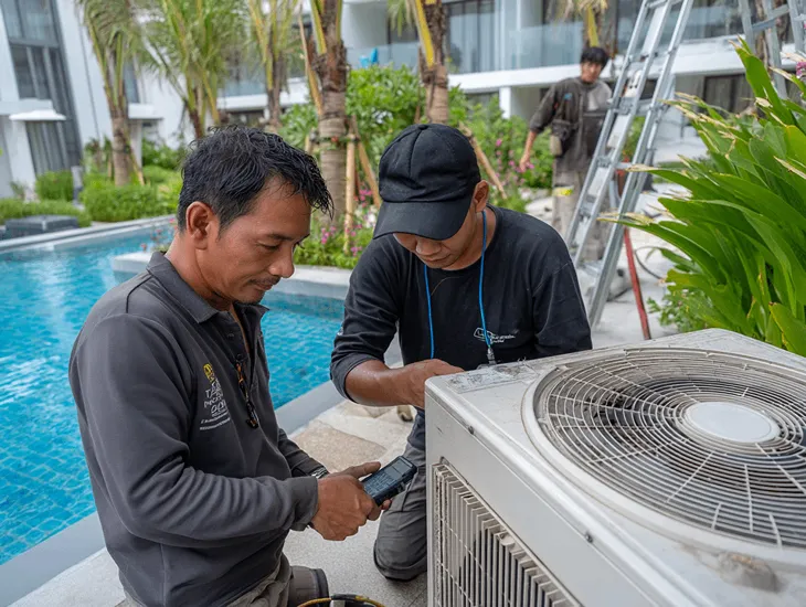 Regular air conditioning service and pool filtration checks for Bali holiday rental properties and investments
