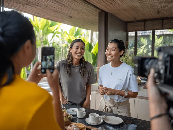 Smartphone displaying high-converting Instagram Reel for a luxury Bali villa with clear call to action and booking link