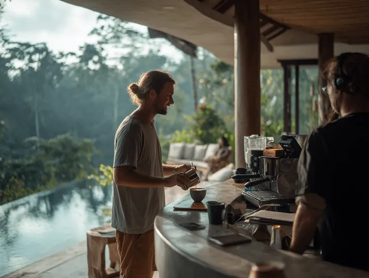 Digital nomad man working by a private pool in Ubud showcasing lifestyle content for effective villa social media marketing campaigns