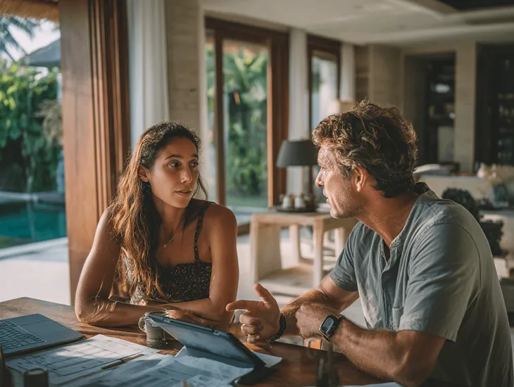 Chart showing differences between gross revenue share and net profit management fee structures for Bali holiday rentals