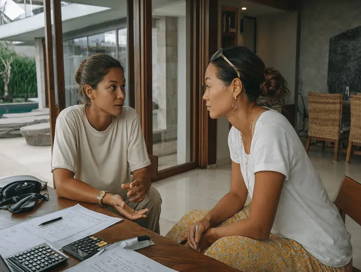 Digital nomad villa investor analyzing seasonal revenue charts and dynamic pricing software results in a Bali cafe