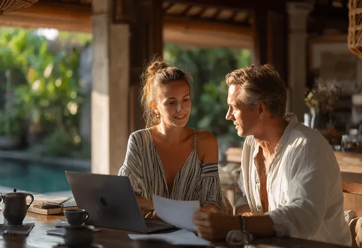 Direct booking website interface for Bali villas showing tax-inclusive rates and secure payment gateway icons