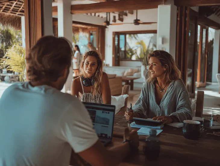 Digital marketing dashboard tracking ROI from Google Ads and direct booking conversions for Bali rental properties