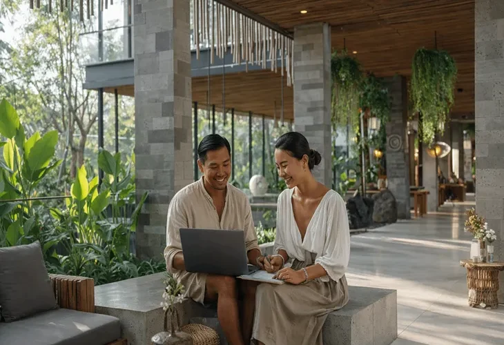 Stylish apartment in Bali for long-term rental 2026 – Modern interior design with tropical view and workspace in Canggu