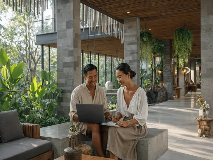 Stylish apartment in Bali for long-term rental 2026 – Modern interior design with tropical view and workspace in Canggu