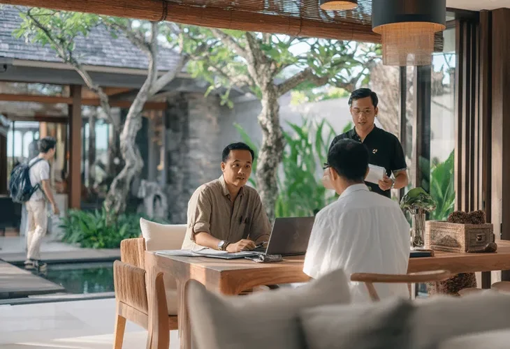 Villa Rentals and Marketing in Bali 2026 – A professional property manager reviewing a digital marketing dashboard and occupancy calendar for a luxury property in Indonesia.
