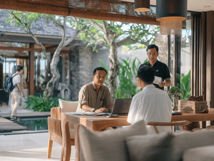 Villa Rentals and Marketing in Bali 2026 – A professional property manager reviewing a digital marketing dashboard and occupancy calendar for a luxury property in Indonesia.
