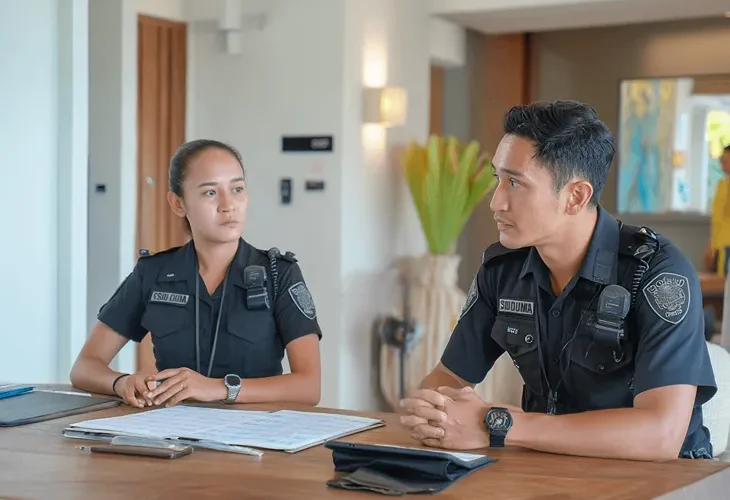 Safety for a Villa in Bali 2026 – A professional security guard monitoring a high-resolution CCTV system in a luxury villa.