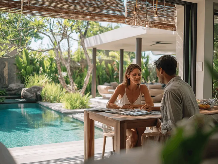 Landscaping for a Villa in Bali 2026 – Close up of natural stone hardscaping and climate appropriate tropical plants in a modern garden