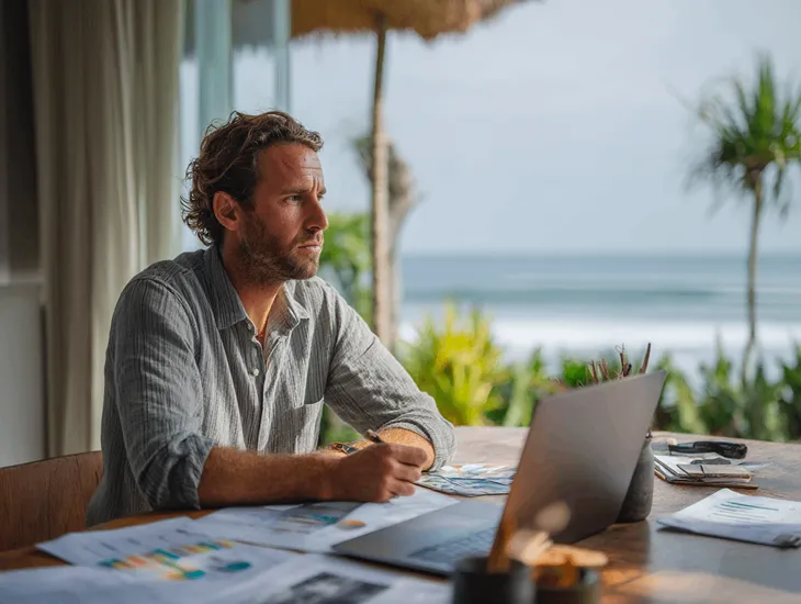 Landscaping for a Villa in Bali 2026 – View of a lush garden landscape surrounding a sparkling swimming pool in Uluwatu